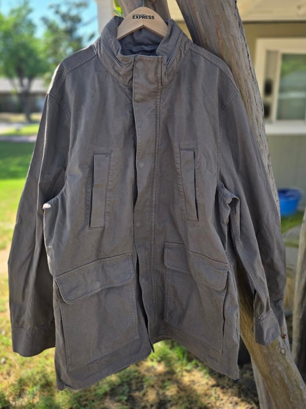 Madewell Field Jacket XL ND430 Hooded Utility Gray Taupe Zip Snap Cargo Pockets